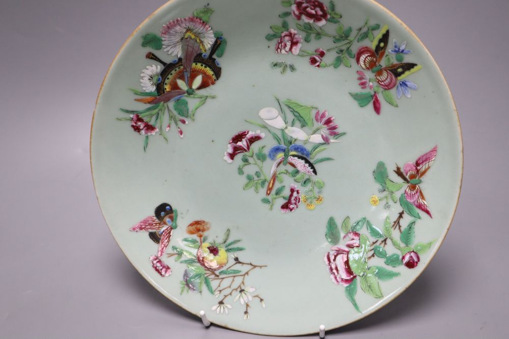 A Chinese famille rose celadon dish and another smaller, 19th century, largest 26cm